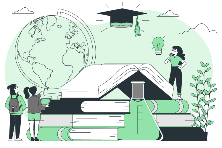 An illustration of education with a globe, books, a graduation cap, a lightbulb, a woman with an idea, a flask, and students exploring the world of knowledge.